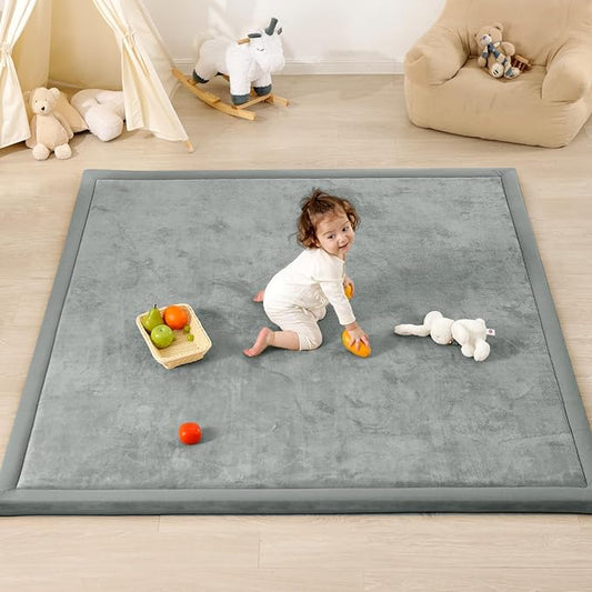 1.3" Thick Baby Play Mat for Floor, 79x79 Large Foam Tummy Time Mat, Padded Support Soft Plush Nursery Rug for Infant Kids Toddler Crawling Kick Activity (Light Grey)