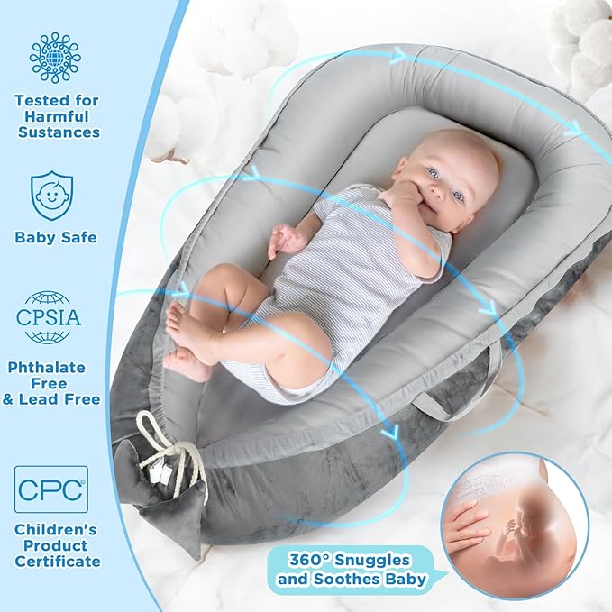 Baby Lounger - Baby Lounger for Newborn 0-24 Months, Breathable & Soft Cotton and Velvet Cover Baby Nest, Portable Tummy Time Lounger for Home and Travel, Ideal Baby Essentials & Shower Gifts
