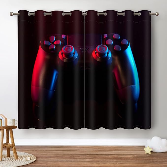 Jekeno Game Controller Blackout Curtains for Kids Boys Teens Bedroom Colorful Video Game Gamer Gaming Gamepad Decor for Home Living Room Grommet Window Drapes 2 Panel Set, 42"x54"
