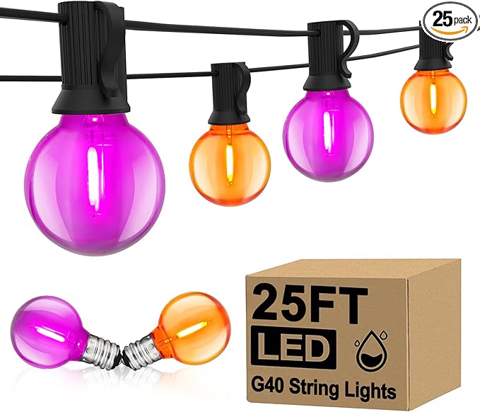 25FT Outdoor Halloween String Lights, G40 Outdoor Halloween Decorations Light with 27 LED Shatterproof Orange Purple Globe Lights(2 Spare), Hanging Patio Lights for Holiday Balcony Backyard Party