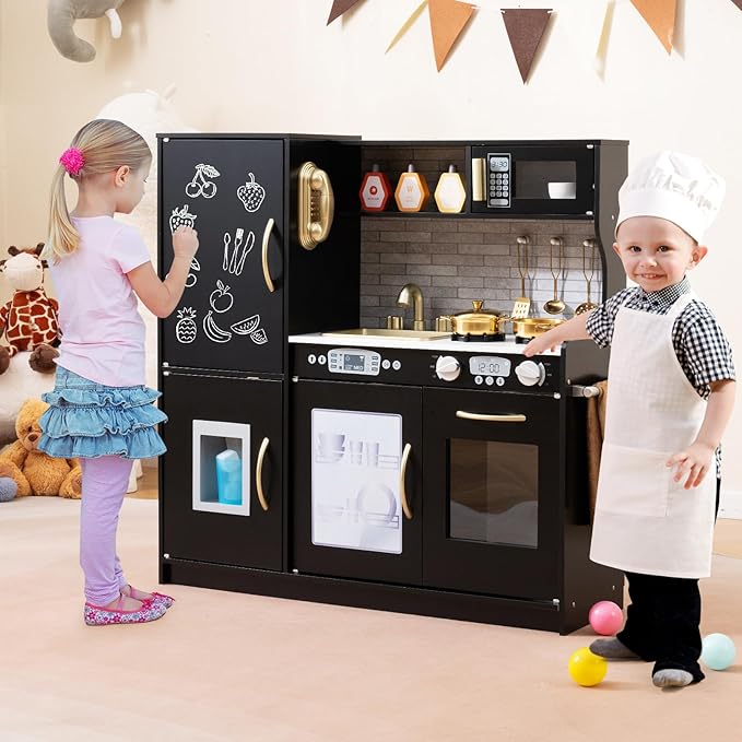 HONEY JOY Kids Kitchen Playset, Wooden Little Chef Pretend Toy Kitchen Set w/Chalkboard, Telephone, Utensils, Oven, Microwave, Sink, Storage, Play Kitchen for Toddlers Boys Girls, Black