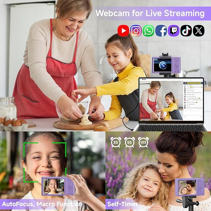 Digital Camera for Teens, FHD 4K 44MP Digital Camera Purple with 64GB SD Card 16X Digital Zoom, Cameras for Photography Compact Point and Shoot Camera for Teen Boys Girls Kids Camera Digital Purple