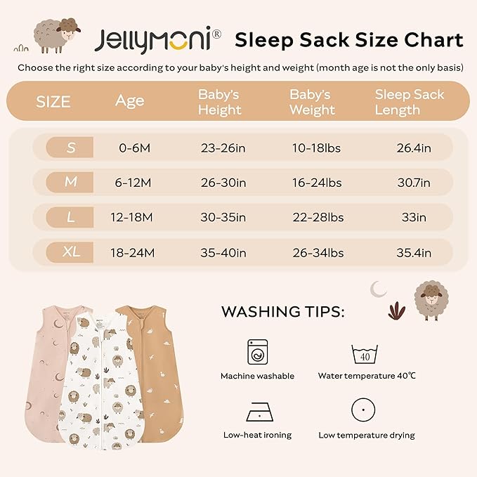 JELLYMONI Baby Sleep Sack 0-6 Months, 100% Cotton 3 Pack 0.5 TOG Baby Wearable Blanket Infant Sleep Sack with 2-Way Zipper Newborn Sleep Sacks