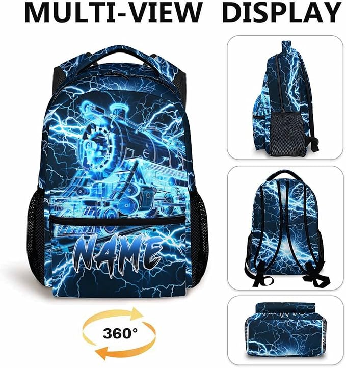 Kids Backpack for Boys, Personalized Train Schoolbag Casual Bag for Primary Senior Middle, 17 Inch Lightweight Durable Custom Lightning Backpacks, Cool Back to School Gift