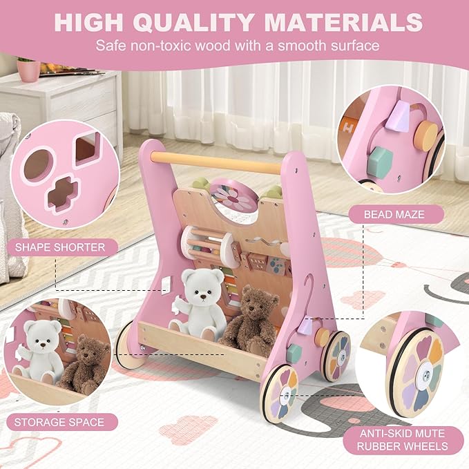 Wooden Baby Walker Wheels,Baby Push Walker for Babies 12 Months+ Montessori,Toddler Walker Push Toy Wooden Activity Walker for Boy,Walking Toys12 Months+ Learning to Walk