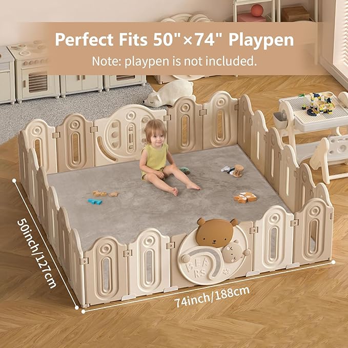 Baby Play Mat for Floor,1.3" Thick Elasti-Foam 50"×74" Playpen Mat for Tummy Time,Water Repellent Soft Coral Velvet for Toddler,Infant,Kids,Non-Slip Backing Safe for Crawling(Beige)