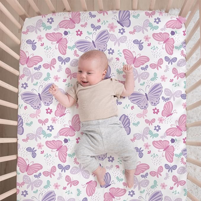 The Peanutshell 3 Piece Baby Crib Bedding Set for Girls - Newborn, Infant & Toddler Nursery Bed Set Decor with Fitted Crib Sheet, Dust Ruffle Comforter - Butterfly Song