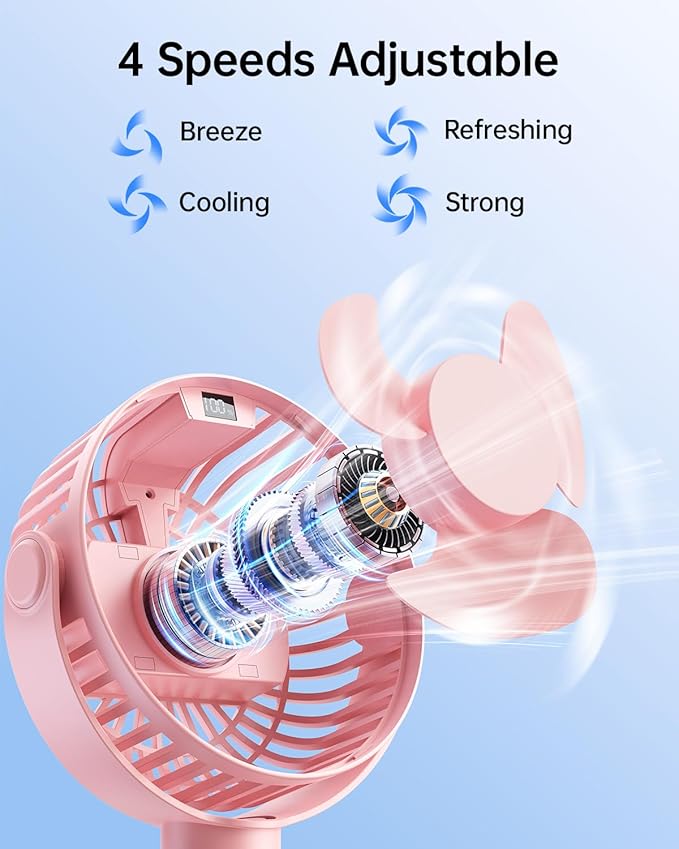 SWEETFULL Portable Stroller Fan with Display 4000mAh Battery Powered Mini Clip On Fan, 4-Speed Rechargeable Small Personal Cooling for Baby Car Seat Crib Travel - Pink