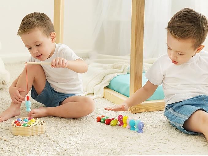 Montessori Magnetic Wooden Fishing Game for Toddlers 1-3 Years Old,Fine Motor Skills Early Learning Eyes Hands Cooperation Toy for Boys & Girls Great Birthday Gift