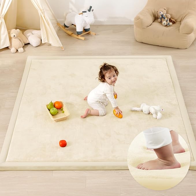 1.3" Thick Baby Play Mat for Floor Playpen, 50x50 Foam Tummy Time Mat, Padded Support Soft Plush Nursery Rug for Infant Kids Toddler Crawling Kick Activity (Ivory)