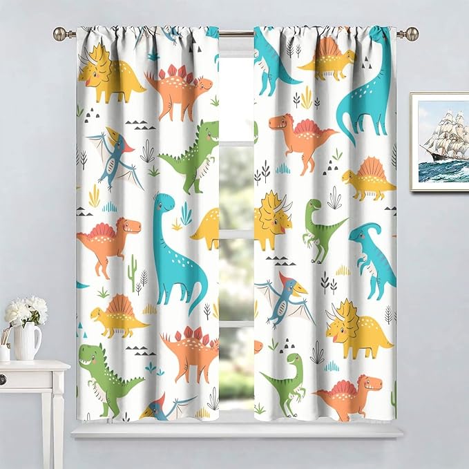 Kids Dinosaur Curtains for Boy Girl Bedroom Decor Cartoon Dino Colorful Cute Funny Animal Wildlife Printed Blackout Rod Pocket Window Drapes for Baby Nursery Playroom Living Room W31.5xL63in 2 Panels