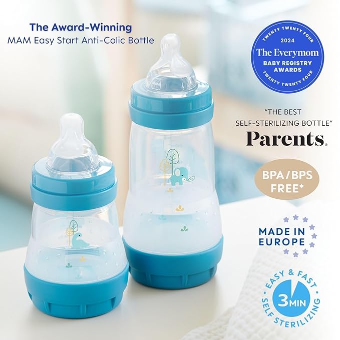 MAM Easy Start Anti-Colic Baby Bottle, Medium Flow, Breastfeeding-Like Silicone Nipple Bottle, Reduces Colic, Gas, & Reflux, Easy-to-Clean, BPA-Free, Vented Baby Bottles for Newborns, 2 Plus Months
