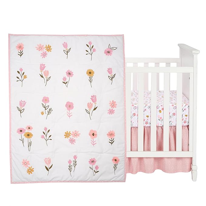 Lambs & Ivy Little Garden 3-Piece Embroidered Floral Baby Crib Bedding Set