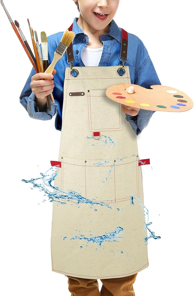 Kids Art Aprons for Painting, Gardening, Cooking, Multiple Pockets, Kids Smock for Boys & Girls, Waterproof (Age6-12)