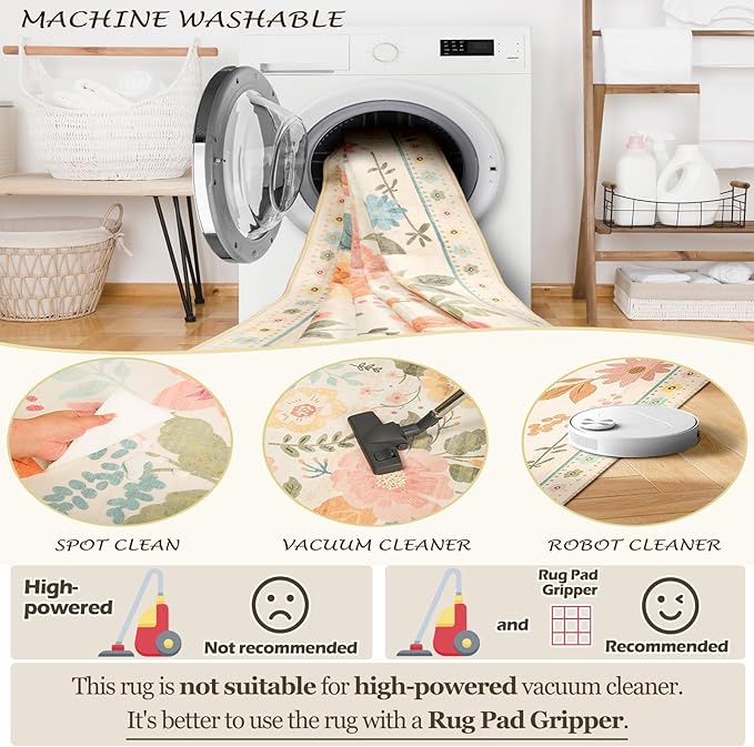 Floral 8x10 Area Rug Machine Washable Soft Print Boho Carpet Non Slip Doormat Low Pile Flower Area Rugs for Living Room Bedroom Nursery Kitchen Dining Room Indoor-Beige/White/Orange