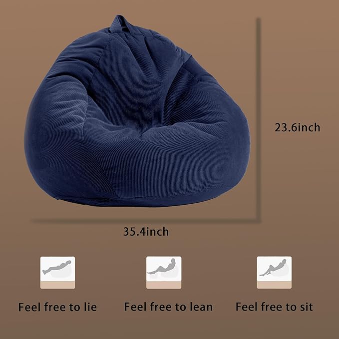 Memory Foam Bean Bag Chairs for Teens or Kids with Filling Bean Bag Sofa with Handle Super Soft Washable Corduroy Fabric Lazy Sofa 3 Foot Blue