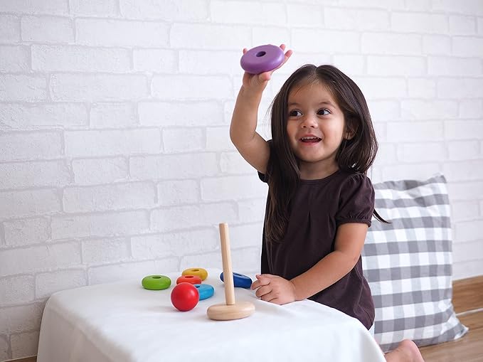 PlanToys Wooden 8 Piece Sorting and Stacking Ring Toy (5124) | Rainbow Color Collection |Sustainably Made from Rubberwood and Non-Toxic Paints and Dyes