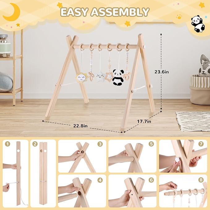 Wooden Play Gym with Mat, Foldable Baby Activity Gyms for Infants Newborn Baby Girl and Boy, Tummy Time Baby Infant Toys 0-6 6-12 Months (Rabbit)