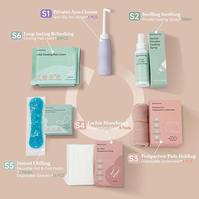 Postpartum Recovery Essentials Kit for Women, Labor & Delivery Postpartum Care, Peri Bottle, Cooling Spray, Disposable Postpartum Underwears, Postpartum Pads, Hot&Cold Packs, Soothing Liners