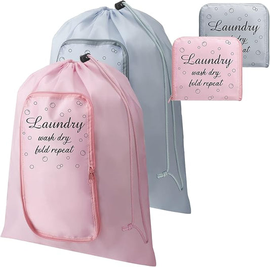 2 Pcs Travel Laundry Bag Washable Dirty Clothes Bag with Drawstring and Zipper for Suitcase, 22 x 18 Inch (Pink, Gray,Bubble)