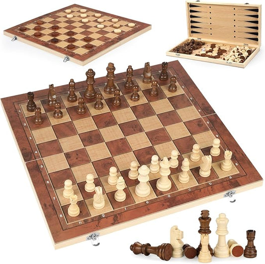 Chess Checkers Backgammon 3-in-1 Board Games Sets, Wooden Chess Set for Adults & Kids, 17.2" Lightweight Checkers Board Game,Strategy Backgammon Sets for Adults, Travel Chess Board Game Pieces Storage
