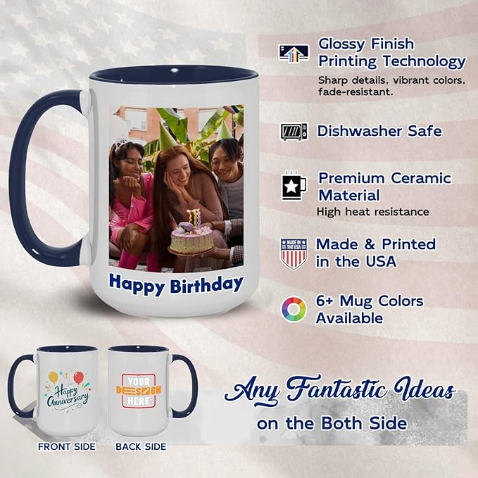 Ship Next Day Custom Mug Design Your Own Photo Text Personalized Picture Gifts for Women Men Customized Gifts Idea Personalized Coffee Mugs 11oz Dark Blue Handle