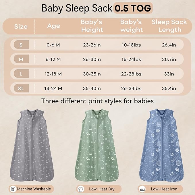 Baby Sleep Sack 6-12 Months 3 Pack 100% Cotton Lightweight 0.5 TOG Wearable Blanket Baby Sleep Bag with 2-Way Zipper for Newborn Infant
