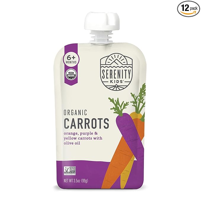 Serenity Kids 6+ USDA Months Organic Carrot Veggie Puree Baby Food Pouches - 3.5 oz Pack of 12 - Organic, BPA-Free & Allergen Free - No Sugary Fruits & No Added Sugar - 3.5 Oz, 12 Pack