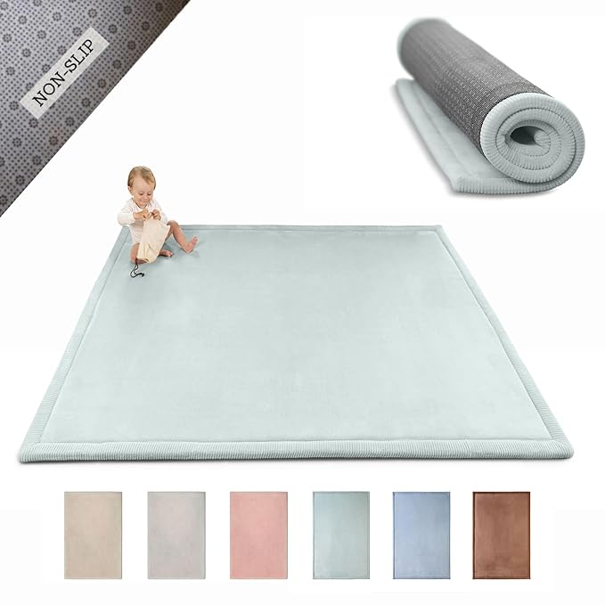Stylish Coral Velvet Baby Play Mat for Floor 60" x 80" Green – Soft 1" Thick High-Density Memory Foam Nursery Rug,Kids Rug with Non-Slip Backing for Crawling & Playing, Playroom Rug, Kids Carpet