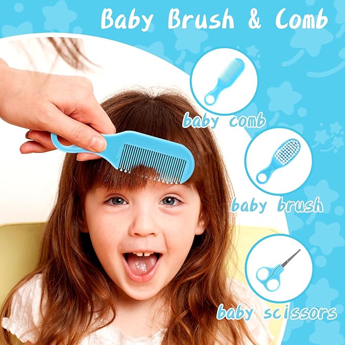 Baby Grooming and Healthcare Kit, Portable Baby Safety Care Set with Hair Brush Comb Nail Clipper Nasal Aspirator for Nursery Newborn Infant Girl Boy (31 in 1, Blue)