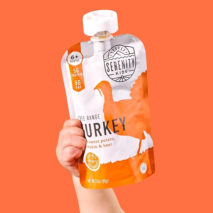 Serenity Kids 6+ Months Organic Baby Food Pouches - BPA-Free Range Turkey Pouches with Pumpkin Puree, Sweet Potato & Beet - 3.5 Oz, 6 Pack