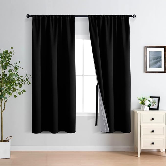 XWZO 100% Blackout Window Curtains - Thermal Insulated & Noise Reduction Black Liner Rod Pocket Window Treatment Sewn with Tiebacks for Bedroom/Living Room, Black, W42 x L63, Set of 2