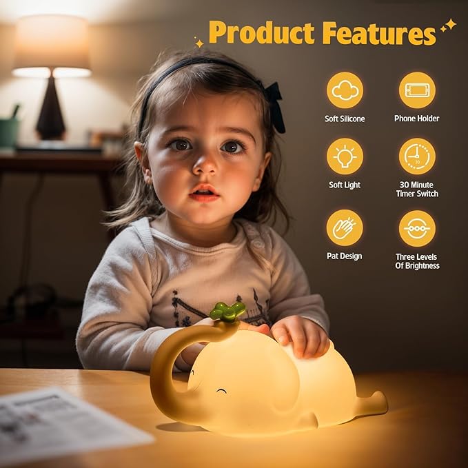 Silicone Elephant Night Light for Kids - 3-Level Dimmable & Rechargeable LED Lamp, Touch Control Soft Animal Light for Nursery, Baby Room Decor