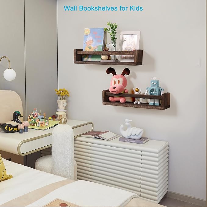 Nursery Book Shelves, Set of 2 Wood Floating Book Shelves for Kids Room, Kitchen Spice Rack, or Rustic Wall Mounted Shelves for Farmhouse Bathroom Decor (Carbon Brown)