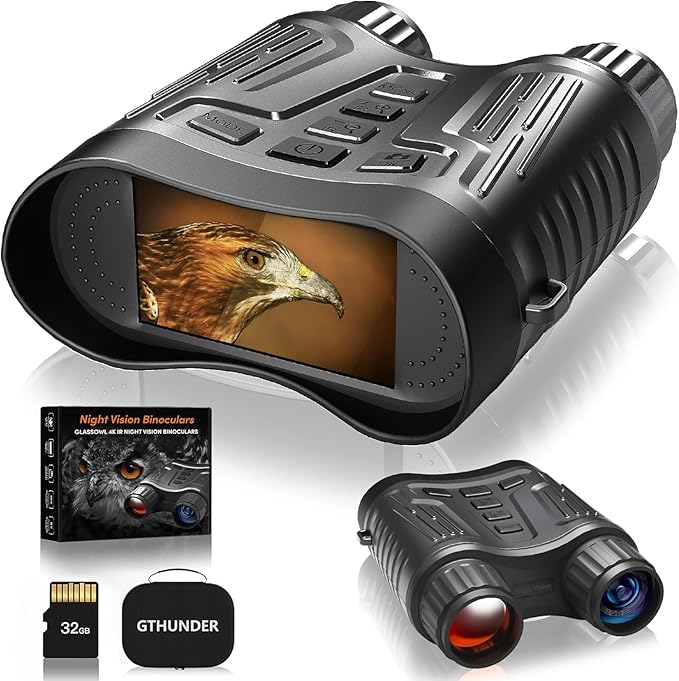 GTHUNDER Night Vision Goggles, Night Vision Binoculars – 4K UHD Video, 52MP Photos, App Remote Control, 10X Zoom, 4" HD Screen, 984ft, 7-Level IR, 4000mAh, 32GB Card – Ideal for Hunting & Security