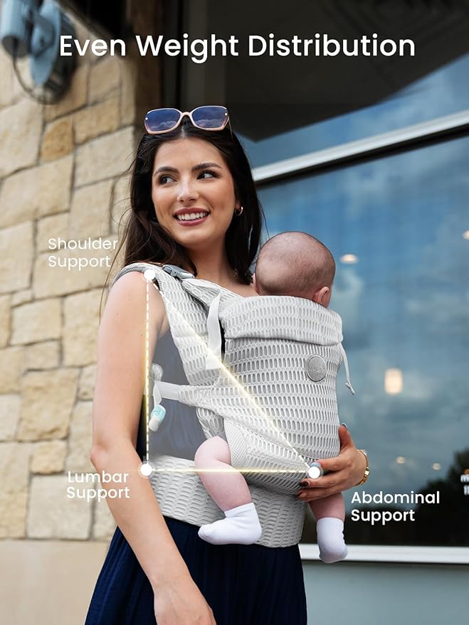 GROWNSY Baby Carrier Newborn to Toddler, Breathable Mesh Carrier(7-44lbs) with One-Click Sliding Clasp, Head Support, Ergonomic Design and Hands-Free Comfort, Silver Gray