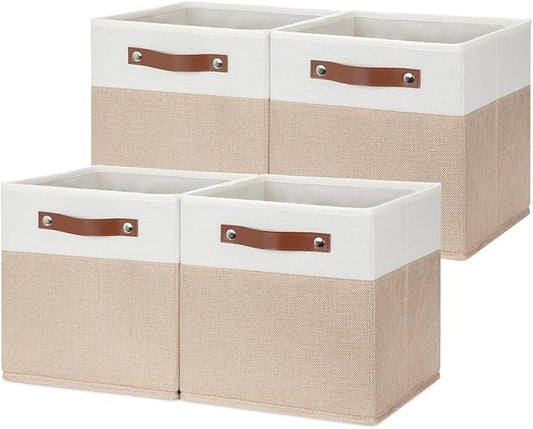 HNZIGE Fabric Storage Baskets Cubes Bins for Shelves, 11 x11 Foldable Storage Bins, Decorative Storage Basket with Leather Handles for Storage Clothes Home Nursery(White Beige-4Pack)