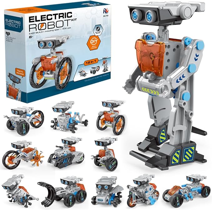 12 in 1 Solar Robot Kit Toys for Kids, 202 Pieces DIY STEM Building Science Learning Educational Experiment Kit Solar and Cell Powered, Gift for Boys Girls (Orange)