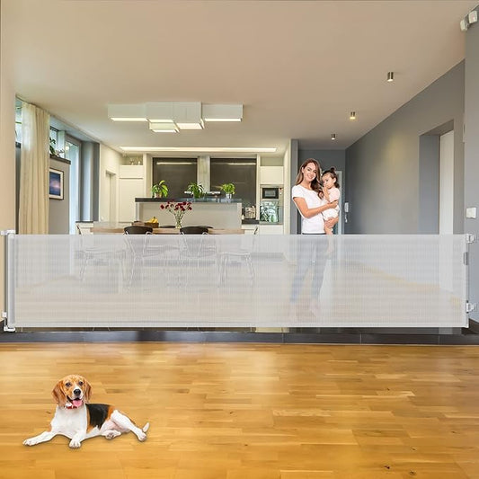 110 Inch Retractable Baby Gates for Large Openings Retractable Dog Gate Outdoor Retractable Gate Mesh Baby Gate Retractable Gates for Dogs Indoor Extra Long Baby Gate for Stairs, Doorways, Light Gray