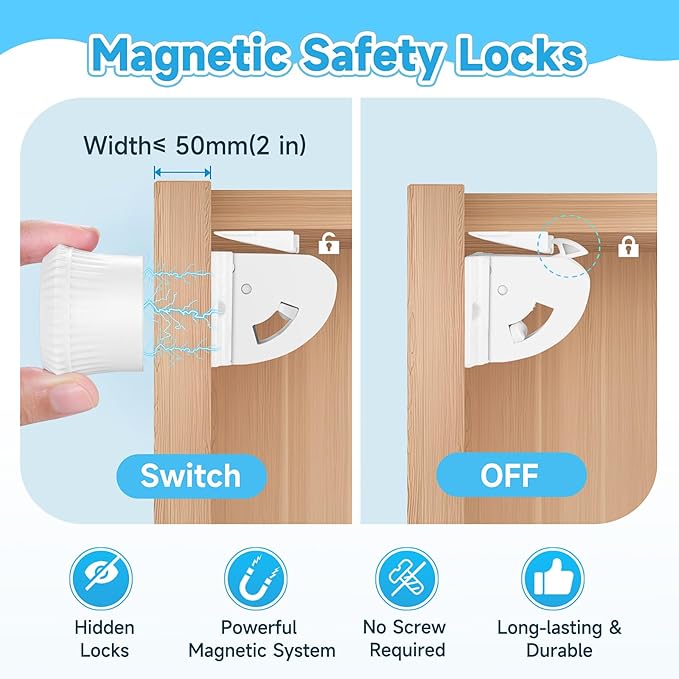 18 Pack Magnetic Cabinet Locks for Child Safety, Drawer Locks Baby Proofing, Magnetic Door Safety Locks for Cabinets and Drawers, Easy Installation No Tools Required (18 Pack and 2 Keys)