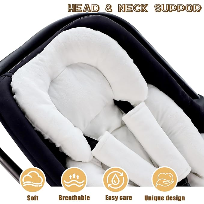 GFU Infant Car Seat Insert Head and Body Support, Reversible Newborn Insert for Carseat with Strap Pads, Soft Stroller Cushion Pillow Insert for Boys and Girls, Fits for Stroller, Swing, White