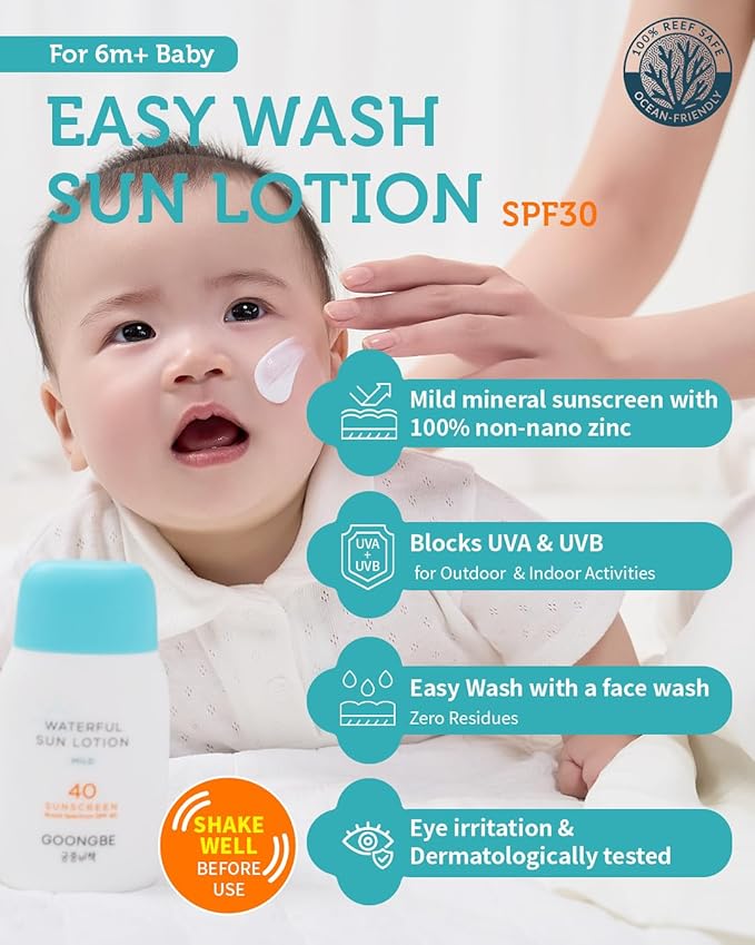 Baby Easy Wash Sun Lotion SPF 30 & Soothing Water Gel Cream - Korean Zinc Oxide Mineral Sunscreen & Cooling Moisturizer - Vegan Hypoallergenic for Ages 0-3, Lotion 2.11oz & Gel Cream 3.38oz
