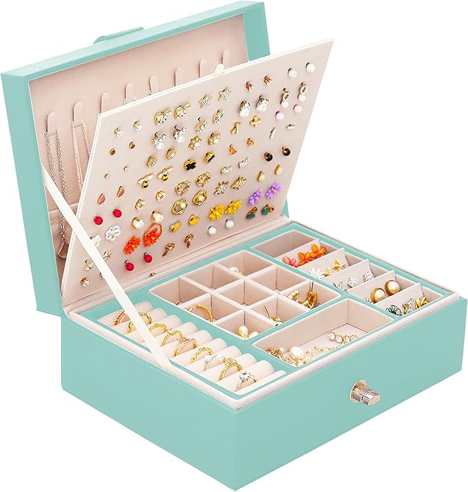 Girls Jewelry Box for Earrings Jewelry Organizer Box Teen Girls Earrings Organizer Jewelry Box Earring Holder Organizer Stud Earring Box for Girls Womens Jewelry Case Organizer Teal