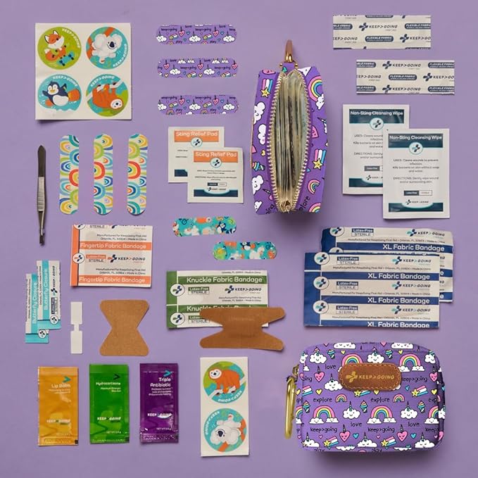 KeepGoing Small Travel First Aid Kit Kids – 60 Pc. Mini First Aid Kit for Purse, Diaper Bag, & Backpack with Latex-Free Bandages – 4 Oz., & 4.5 x 3.5 x 2 in, TSA-Approved