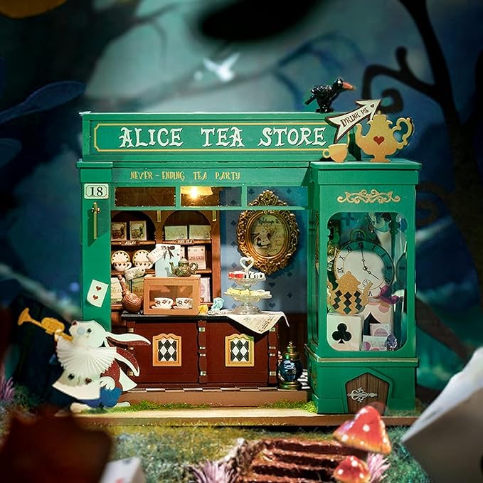 Rolife DIY Miniature House Kit Alice's Tea Store, Tiny House Kit for Adults to Build, Mini House Making Kit with Furniture, Halloween/Christmas Decorations/Gifts for Family Friends (Alice's Tea Store)