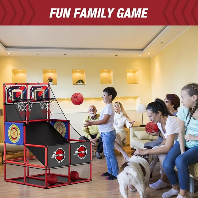2 in 1 Dual Shot Basketball Arcade Game with 2 Dart Boards/Electronic Scoreboard/LED Light, Kids Basketball Hoop for Home Indoor Outdoor, Sport Toys Gifts for Boys Girls