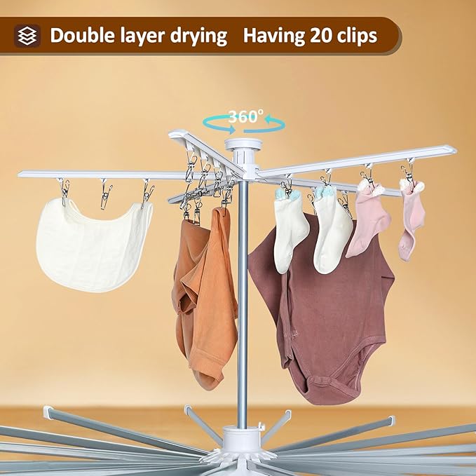 Clothes Drying Rack 2025 Upgrade 4-Legged 3-Tier Foldable Laundry Rack with 4 Pulleys 20 Clips,6 Shoe Dryers 16Drying Rods for Indoor/Outdoor, Camping, Poolside Space Saving, Whit