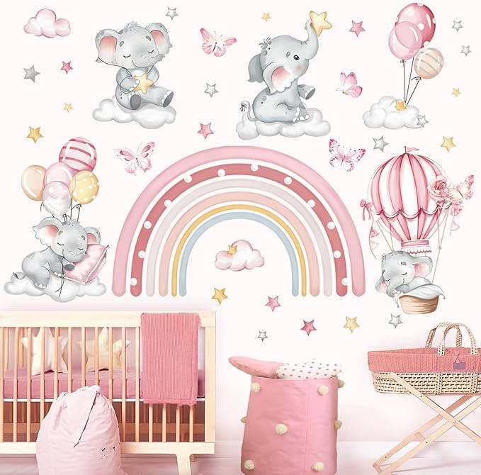 decalmile Pink Rainbow Elephant Wall Stickers Hot Air Balloon Animals Clouds Stars Wall Decals Baby Nursery Kids Bedroom Daycare Wall Decor