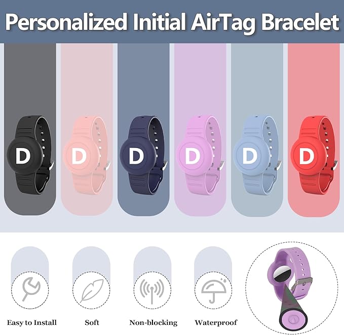 Waterproof Bracelet for AirTag Kids, Personalized Initial Letter Hidden Holder Compatible with Air Tag, Silicone Case for Airtag Adjustable Anti-Lost GPS Tracker for Toddler Child Elder, D