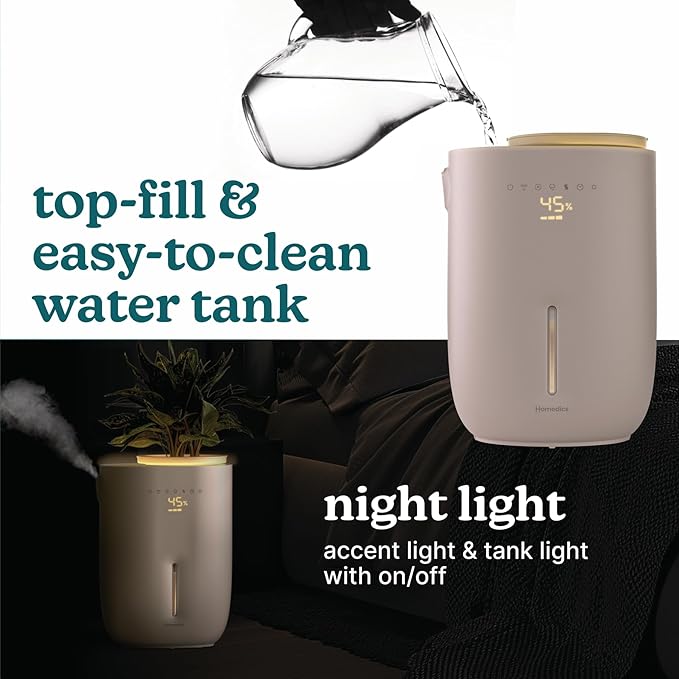 Homedics Natura Ultrasonic Warm & Cool Mist Humidifier, 1.3-Gal for Large Rooms, 60-Hr Runtime, Plant Holder, Programmable Humidity, Auto Shutoff, Nightlight Small Plant Compatible(Plant Not Included)